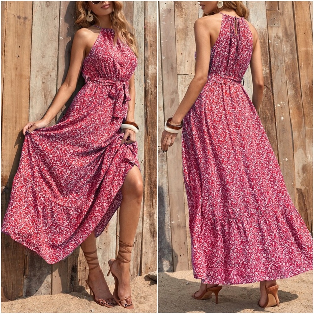 Boho Red Floral Print Ruffle Halter Maxi Dress - Picture 5 of 7